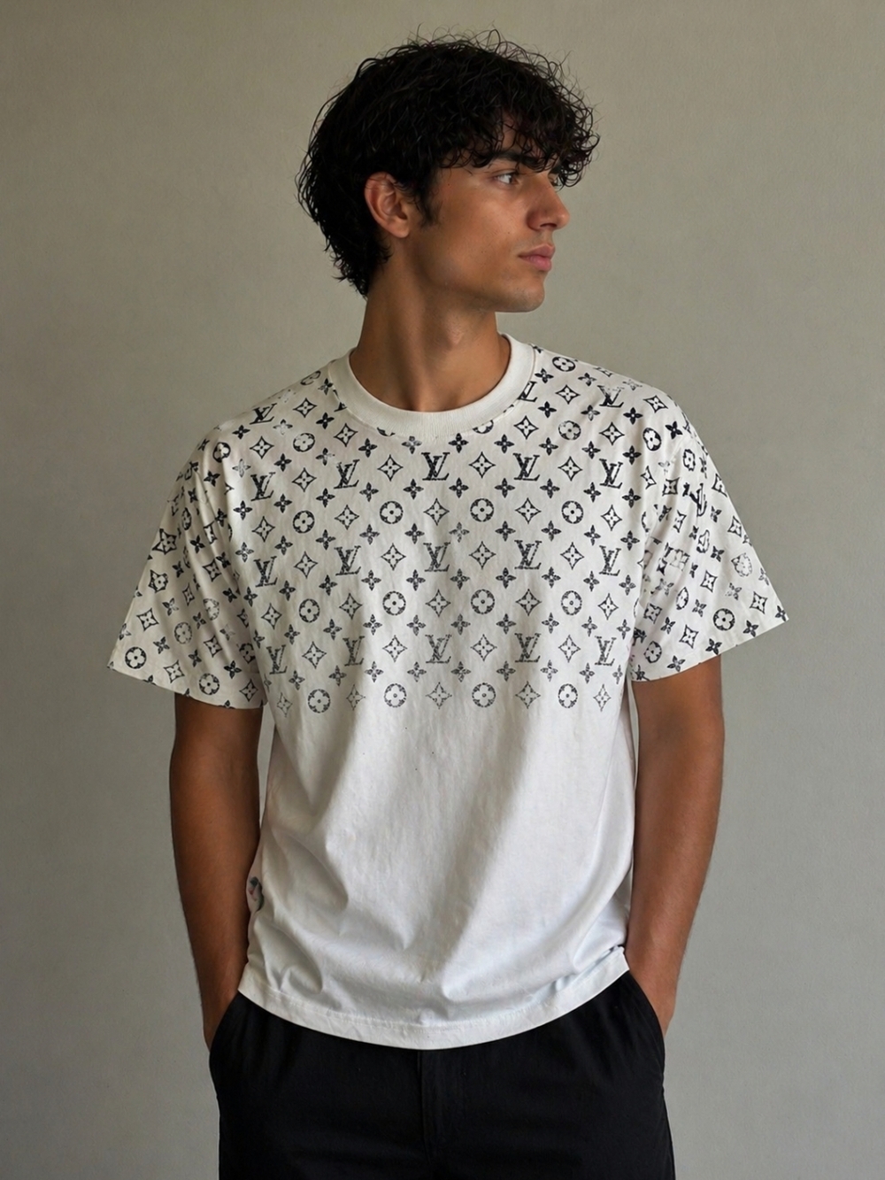 Louis Vuitton White Crewneck T-Shirt with Black Monogram Print Size XS/S